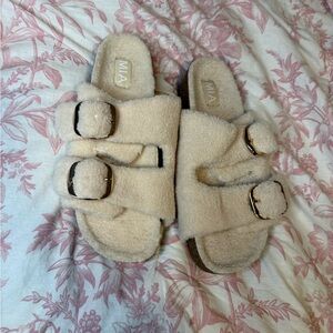 MIA Beige Fuzzy Slide Sandals